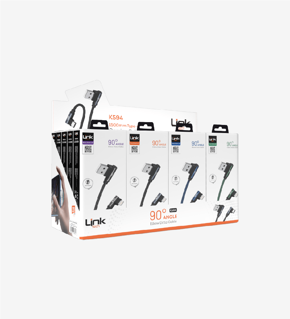 K594 Gaming 90° Derece Metalik Başlıklı 1500mm 3A Örgülü Tip-C Şarj Kablosu 20'li Paket