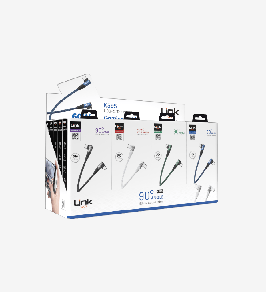 K595 Gaming 1500mm 3A 60W Braided  Type-C Type-C Charging Cable with 90° Degrees Metallic Head  Package