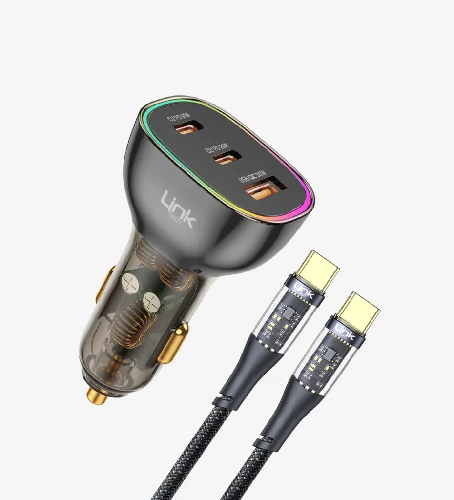 C508 Transparent 80W Dual PD (30+20W) & QC 30W Super Fast Car Charger with Type-C→Type-C Cable