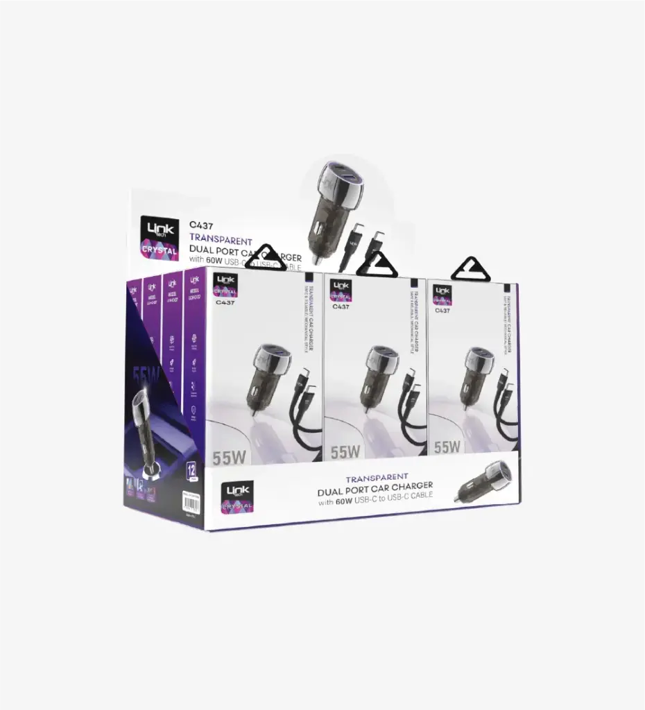 C437 Transparent 55W Dual PD (30W) & QC (25W) Super Fast Car Charger with Type-C→Type-C Cable 12 Pack