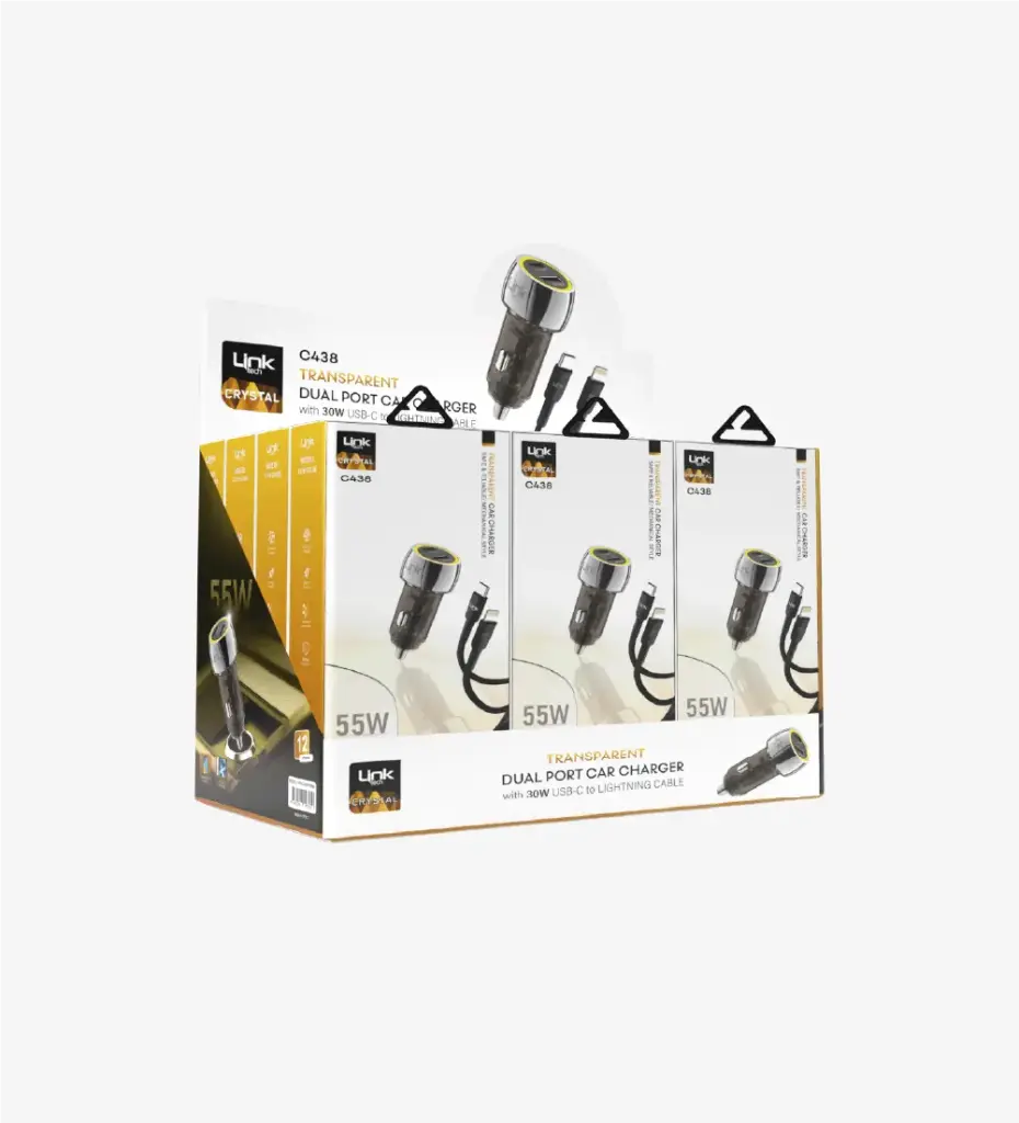 C438 Şeffaf 55W Çift PD (30W) & QC (25W) Tip-C→Lightning Kablolu Araç Şarj Süper Hızlı Araç Şarj Cihazı 12'li Paket