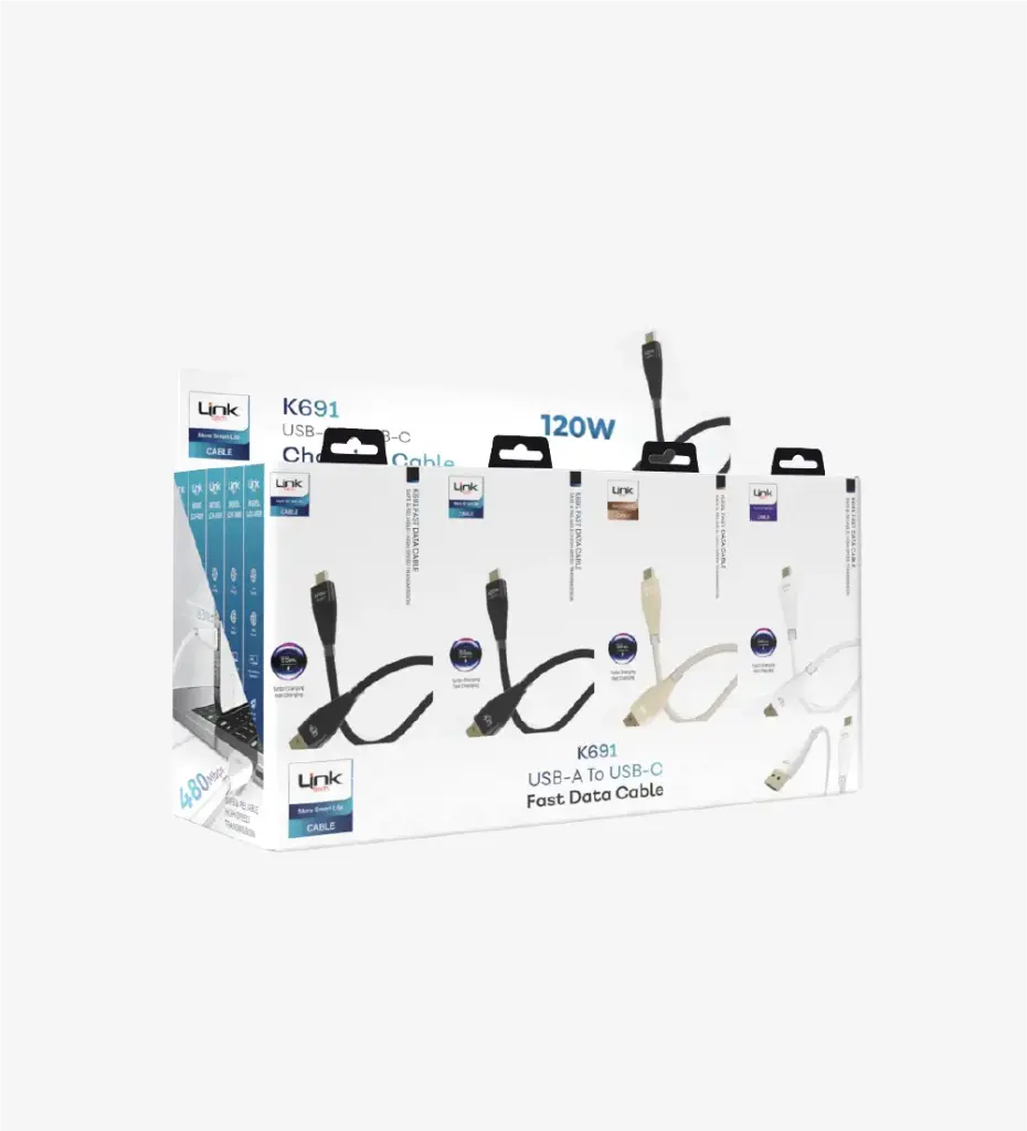K691 Safe 1200mm 120W  USB-A → Tip-C Data Kablosu 20'li Paket