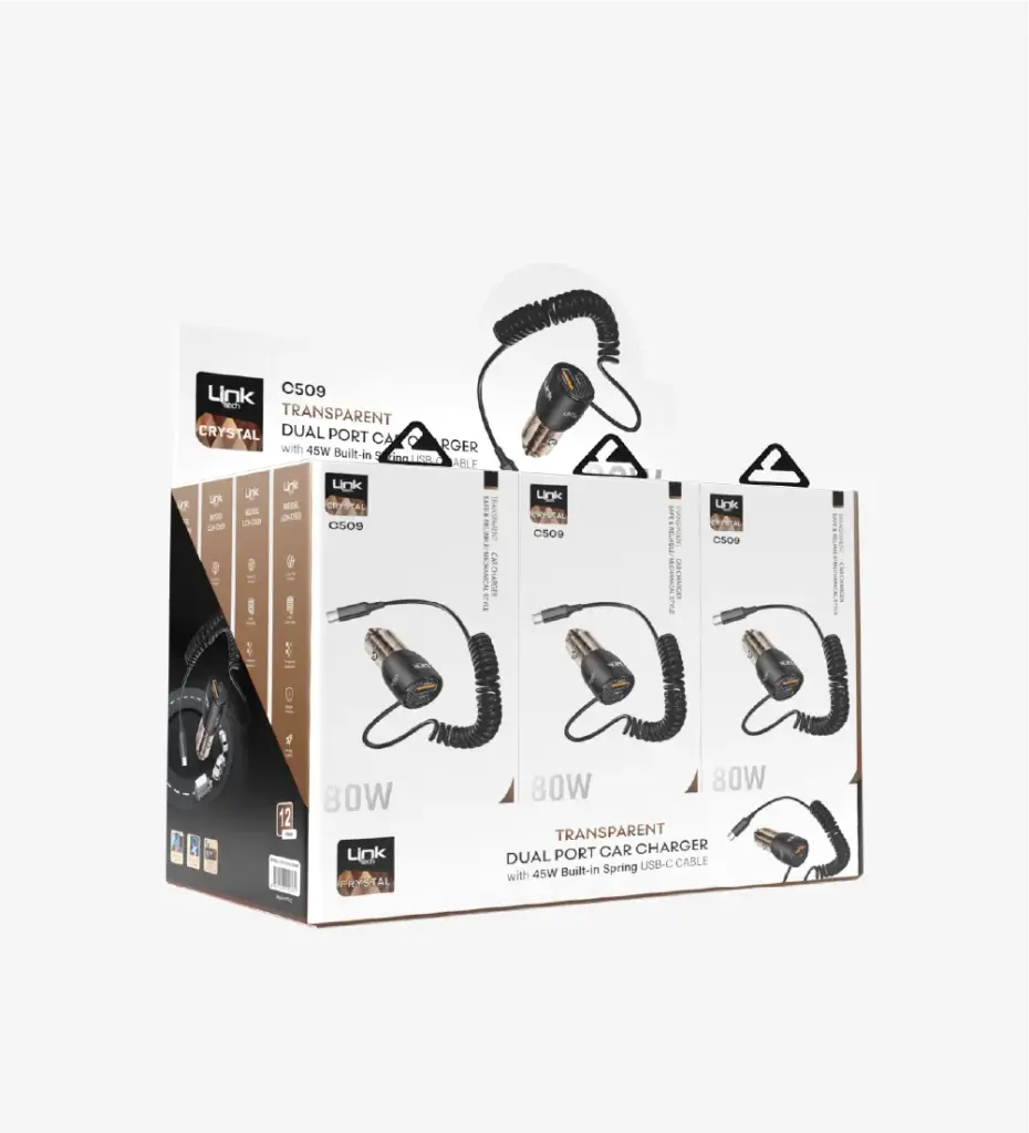 C509 Transparent 80W Dual PD & QC Super Fast Car Charger with Type-C Cable (12 Pieces)